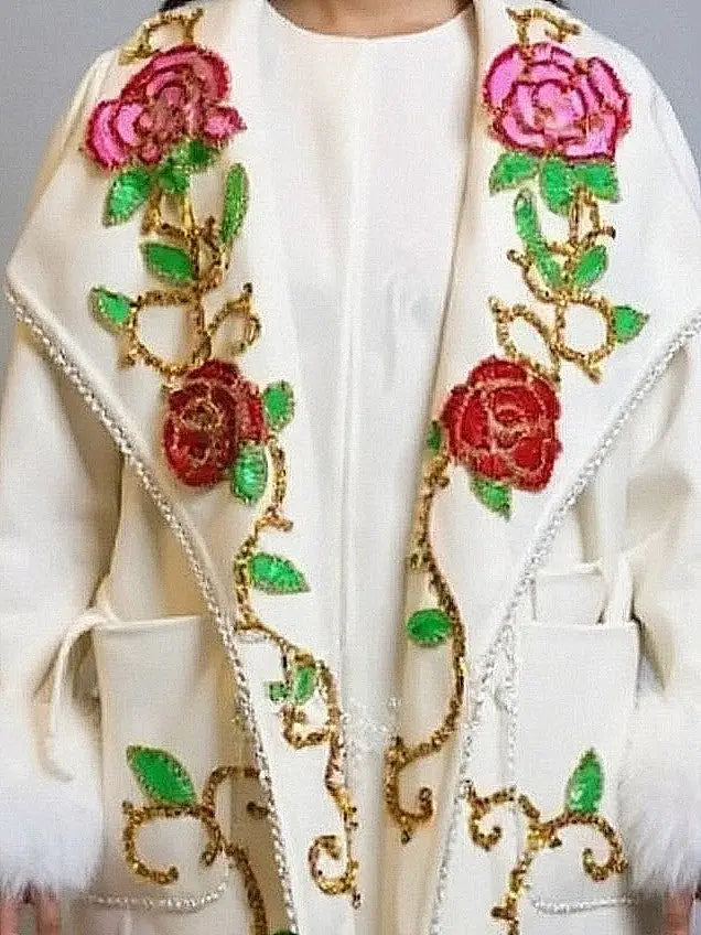 Floral-Embroidered Oversize Wool Coat with Fur Cuffs - Coats