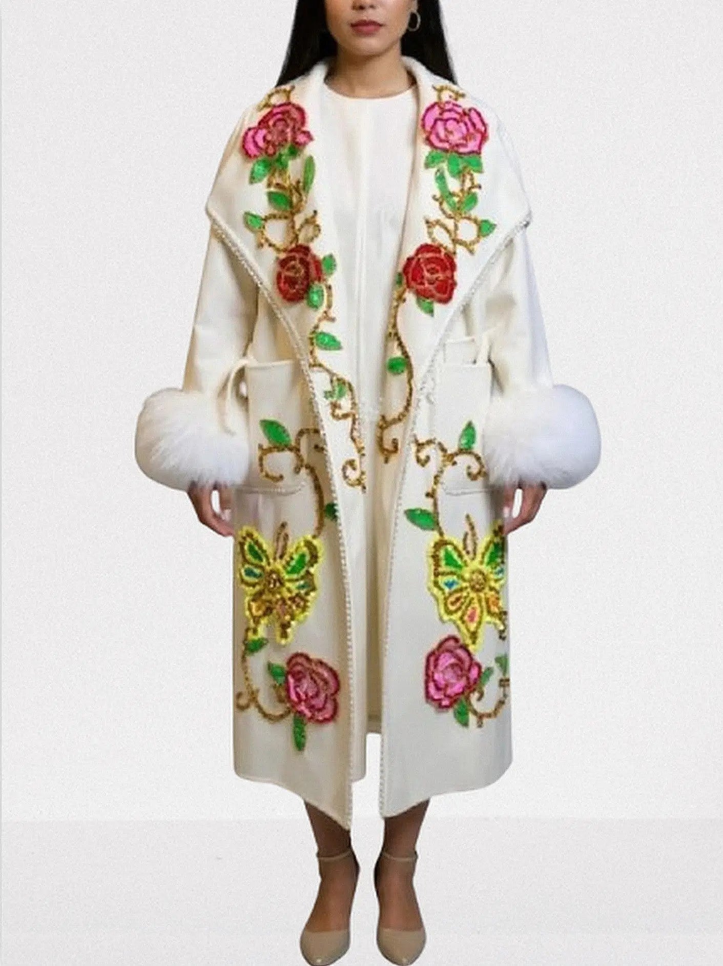 Floral-Embroidered Oversize Wool Coat with Fur Cuffs - Coats