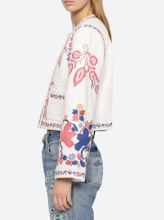 Floral-Embroidered White Cotton Copped Jacket - Jackets