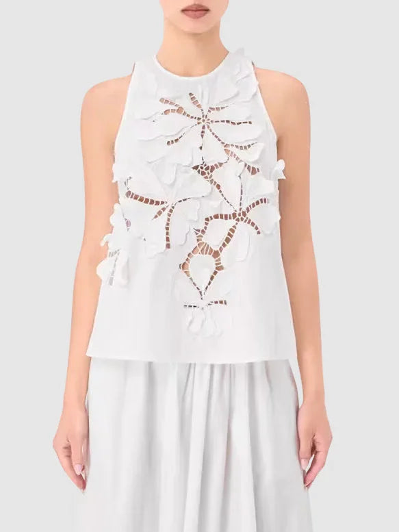 Floral-Embroidered White Top and Skirt Set - Suits & Sets