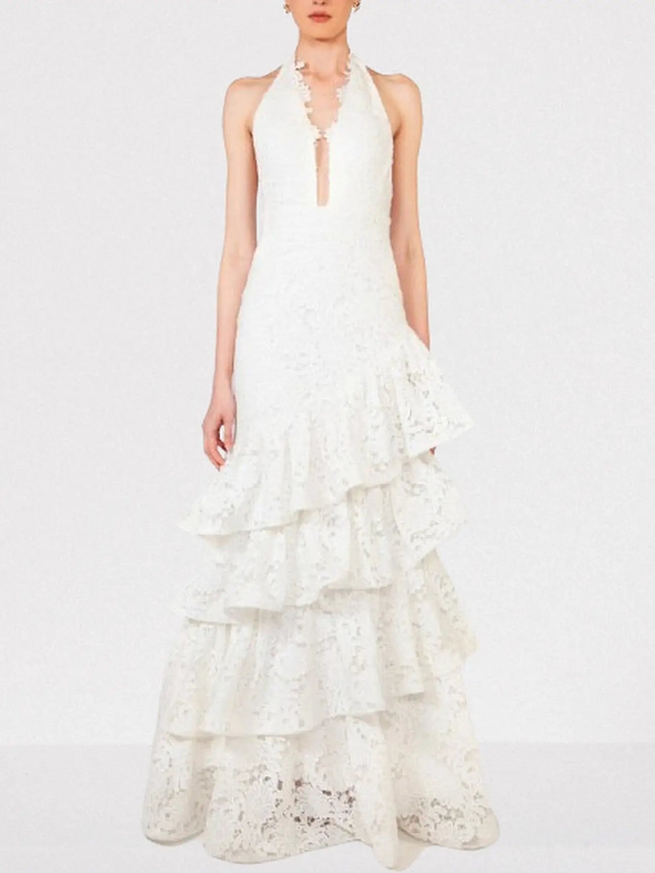 Floral-Lace Tiered Halterneck Maxi Dress in White - Small - Dresses