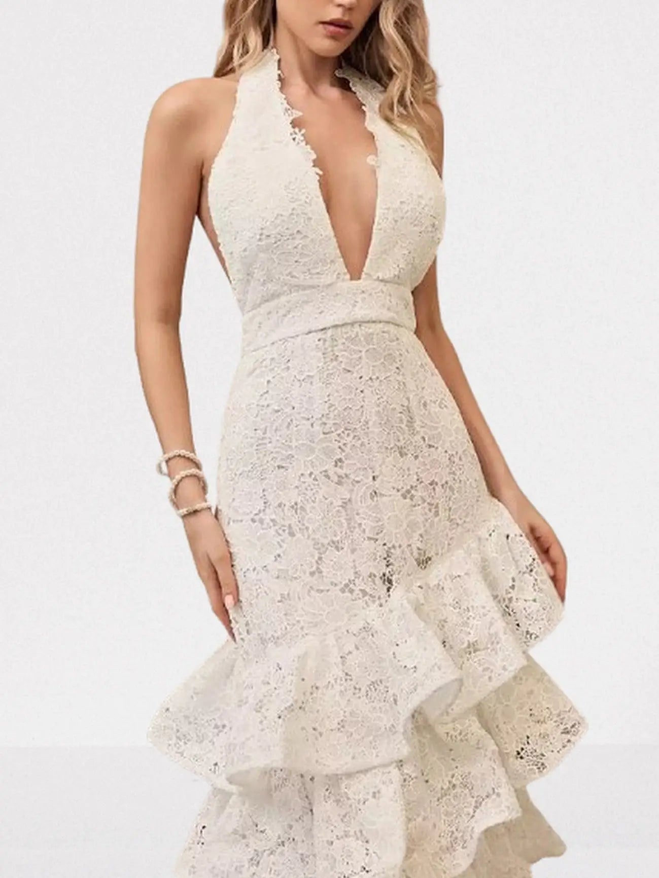 Floral-Lace Tiered Halterneck Maxi Dress in White - Dresses