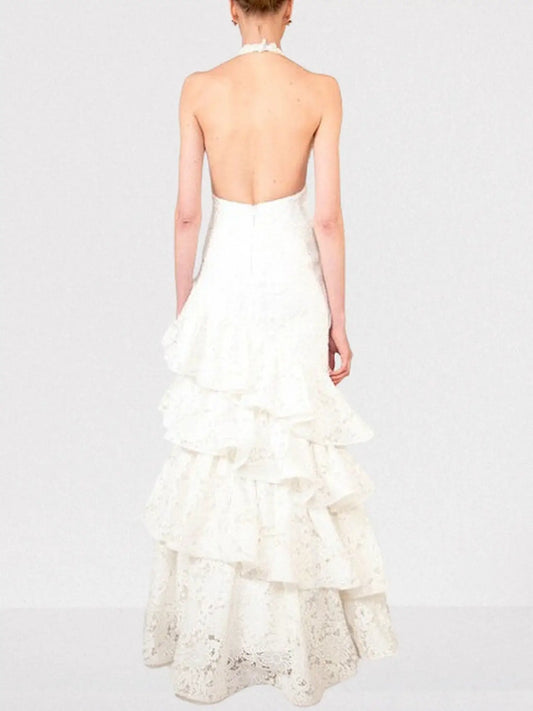 Floral-Lace Tiered Halterneck Maxi Dress in White - Dresses