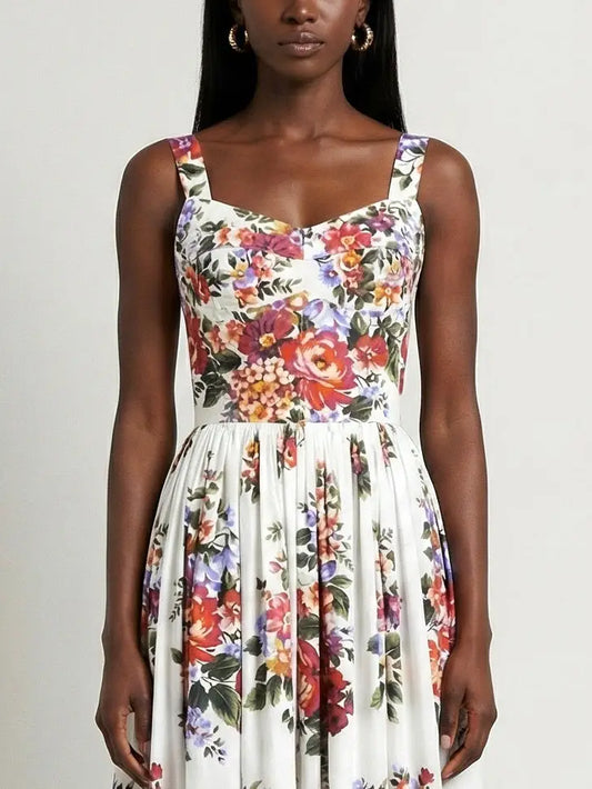 Floral-Print Cotton Maxi Dress in White - Dresses