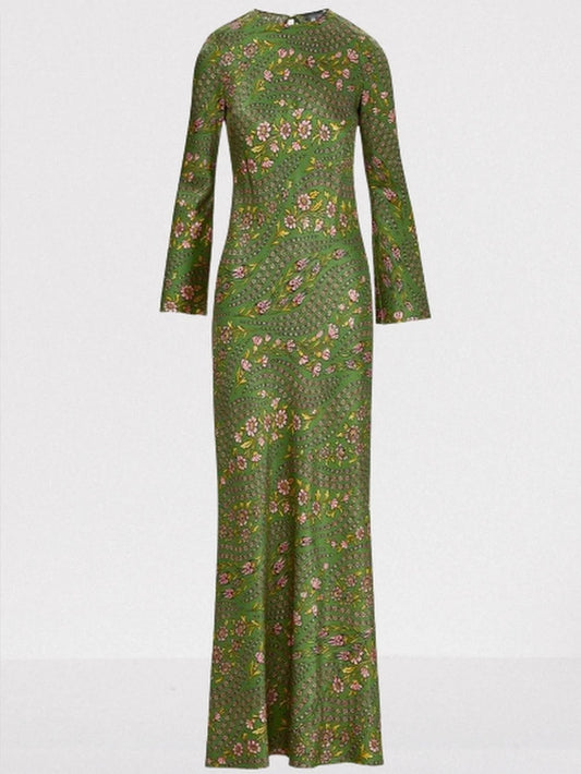 Floral-Print Long Green Silk-Blend Gown - Dresses