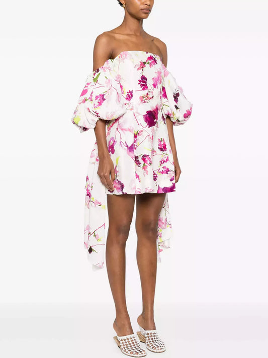 Floral-Print Off-Shoulder Puff-Sleeve Mini Dress - Dresses