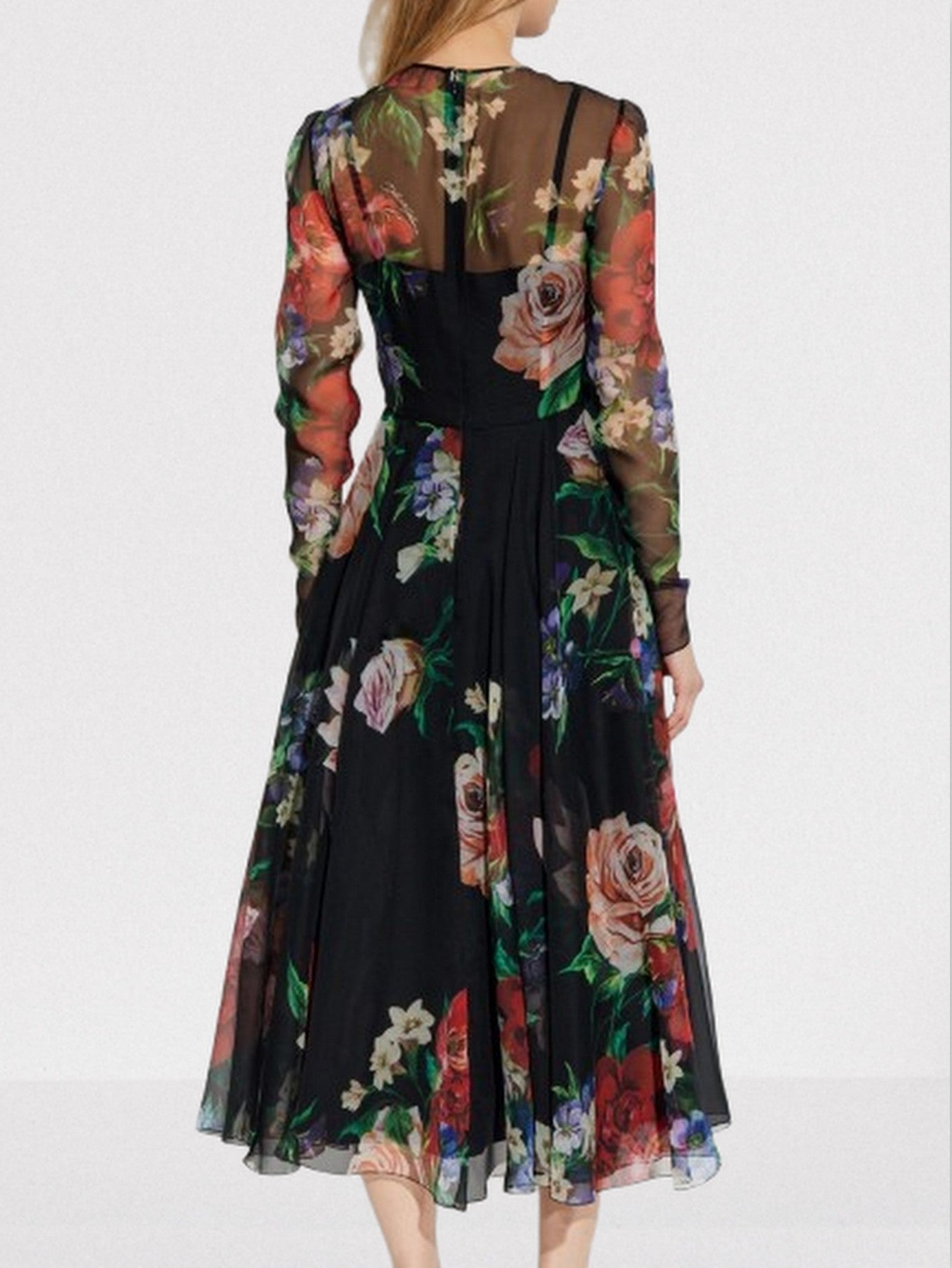 Floral-Print Silk Chiffon Midi Dress with Slip