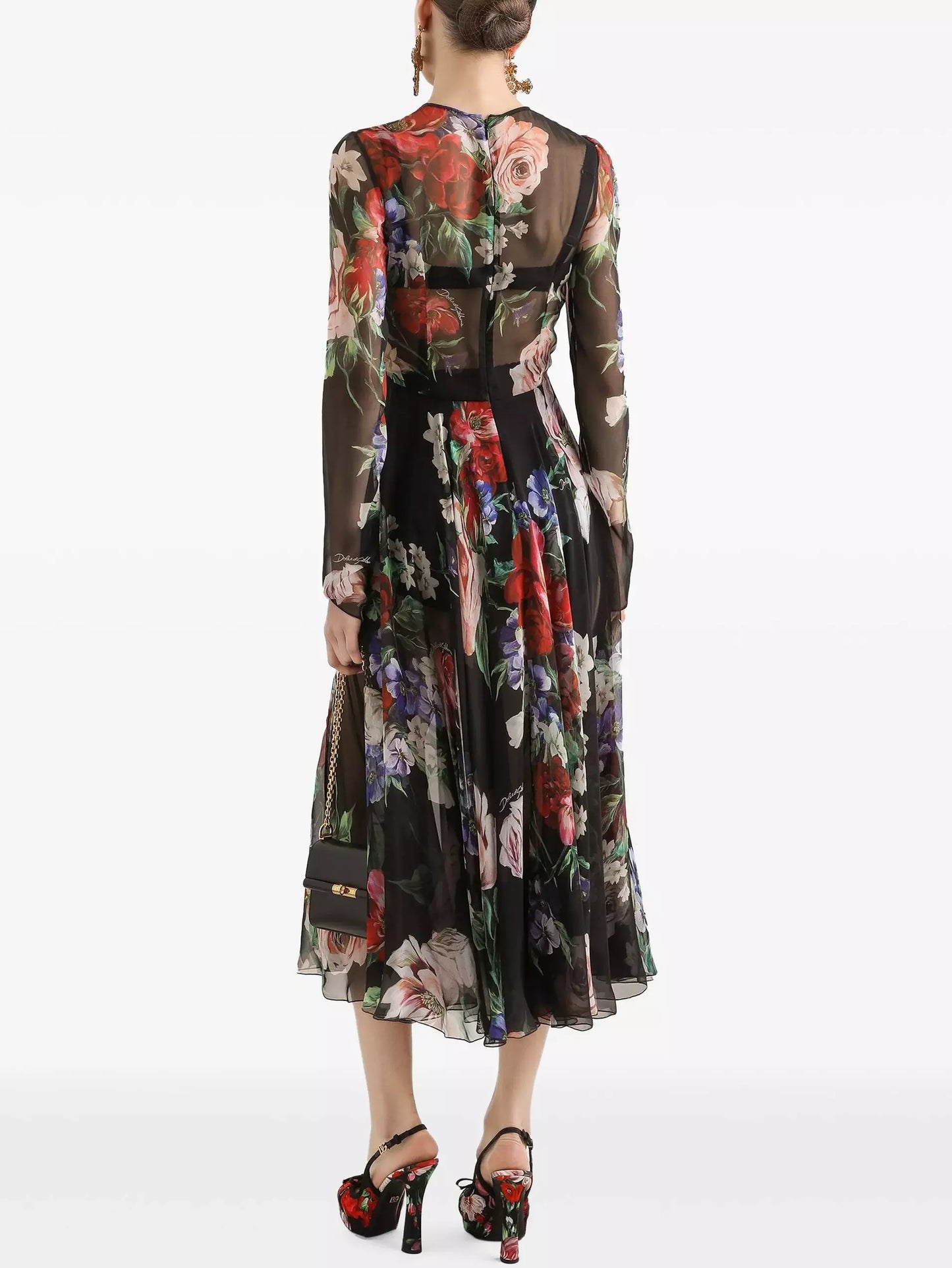 Floral-Print Silk Chiffon Midi Dress with Slip