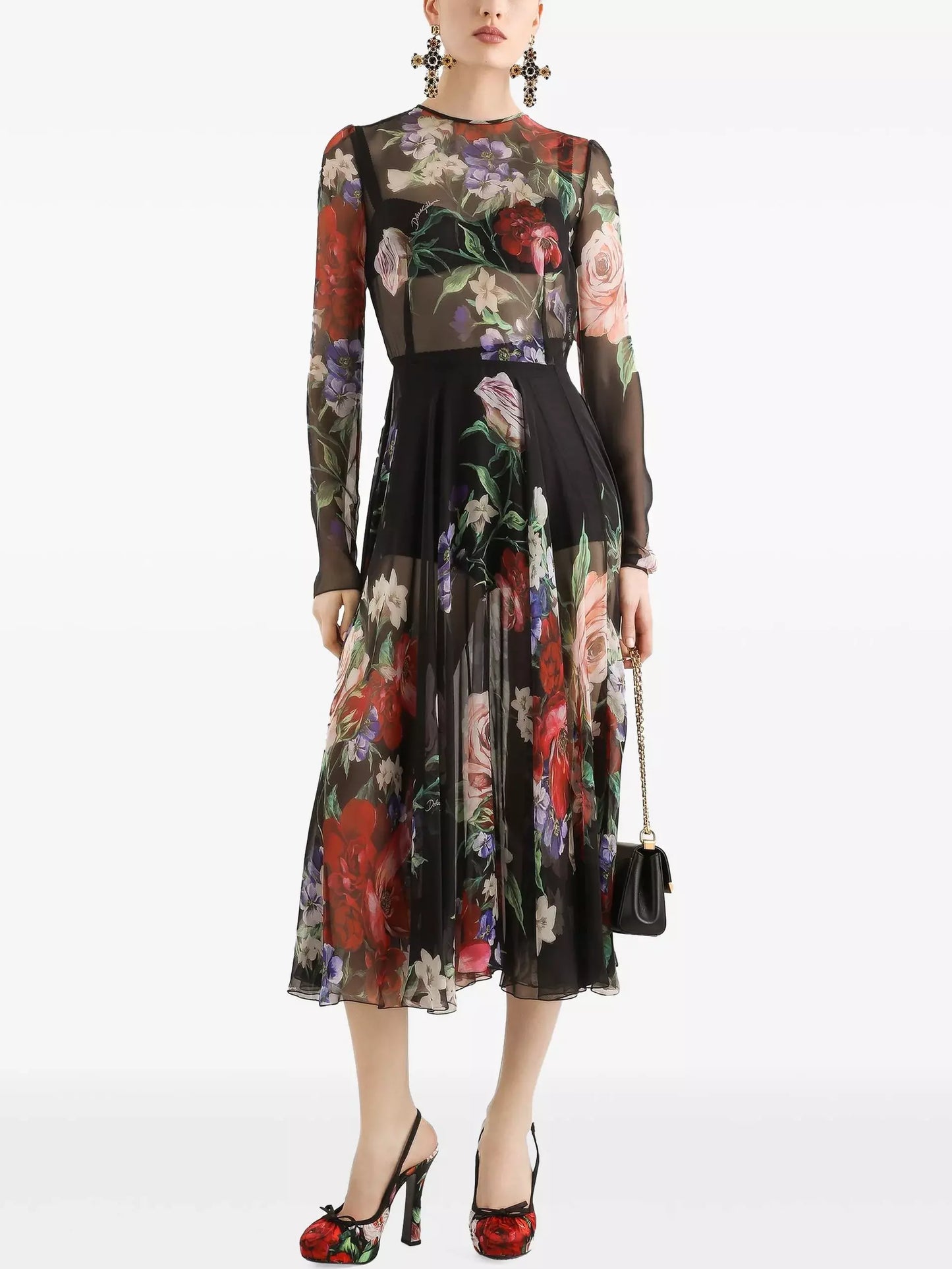 Floral-Print Silk Chiffon Midi Dress with Slip