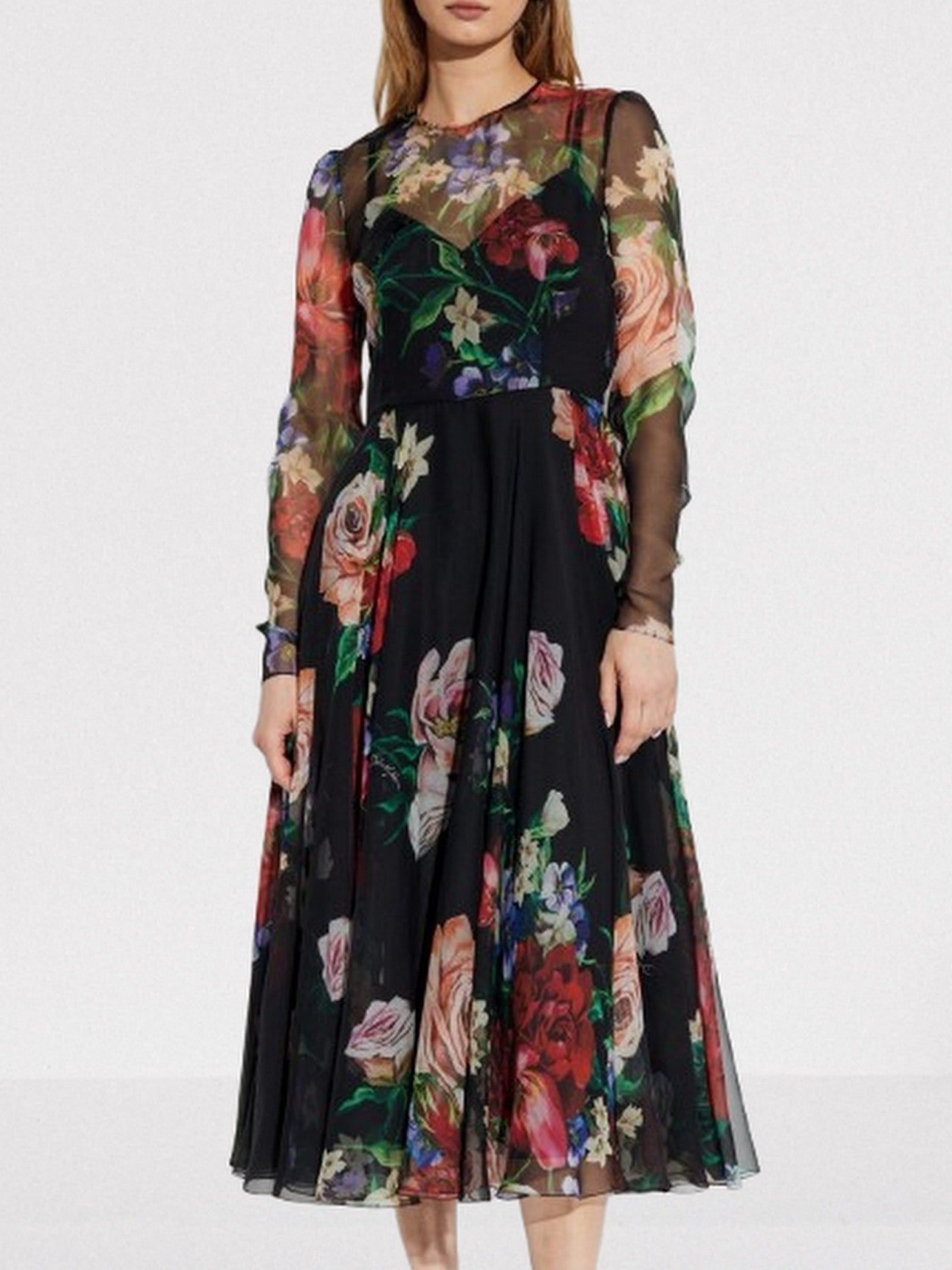 Floral-Print Silk Chiffon Midi Dress with Slip