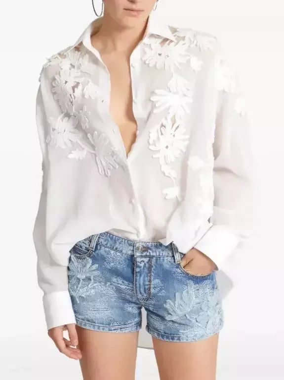 Floral Embroidered White Cotton Shirt - Small - Tops
