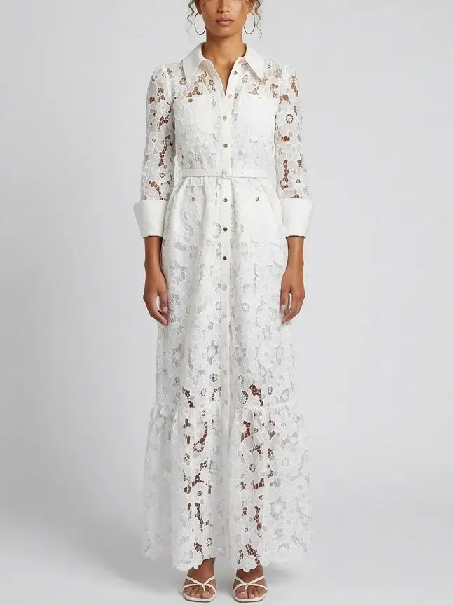 Floral Lace Belted Button-Front White Maxi Dress
