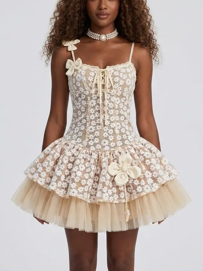 Floral Lace Corset Tulle Fit and Flare Mini Dress Floral Lace Corset Tulle Fit and Flare Mini Dress