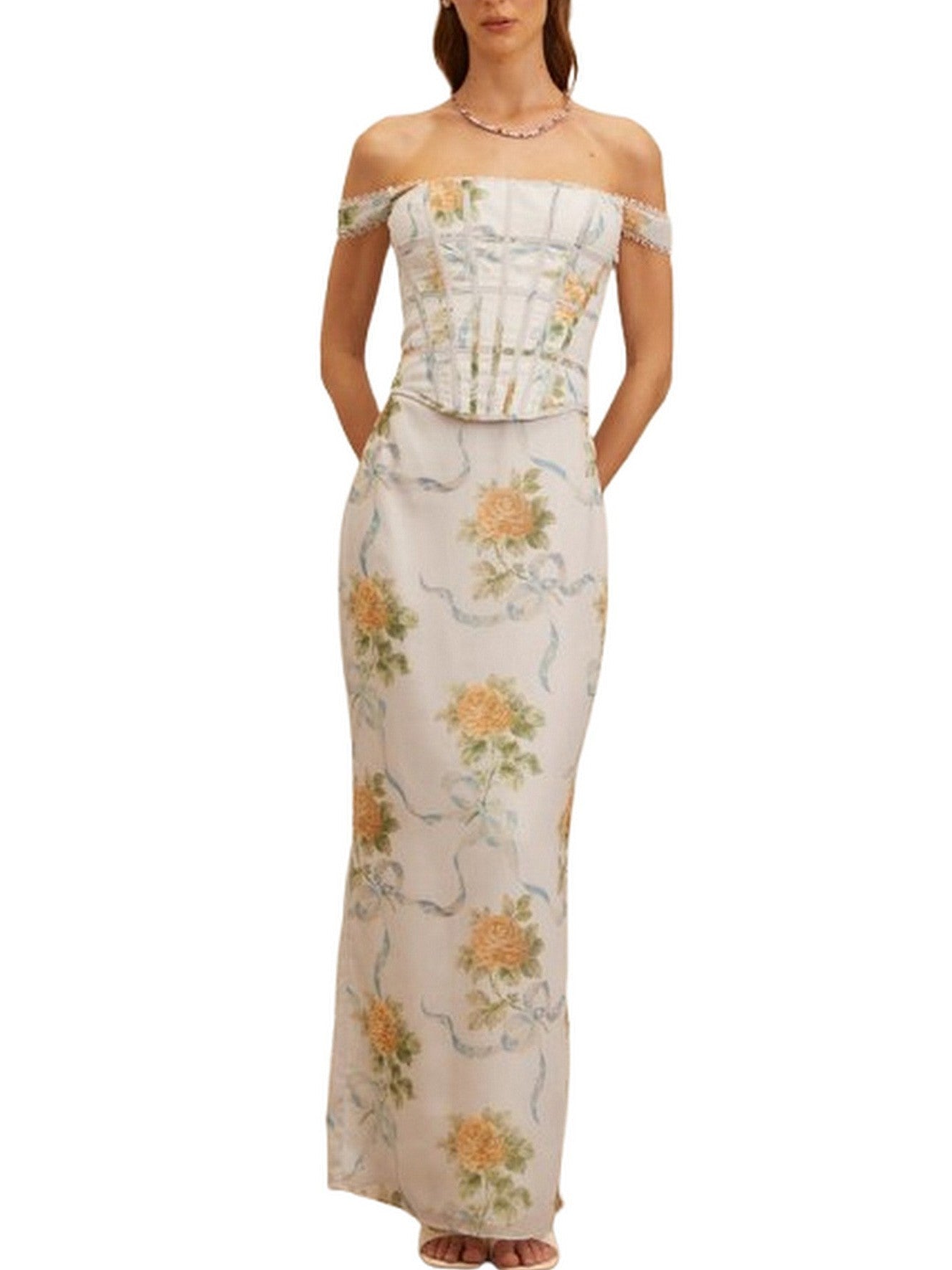 Floral Print Fitted Corset Maxi Dress - S - Dresses