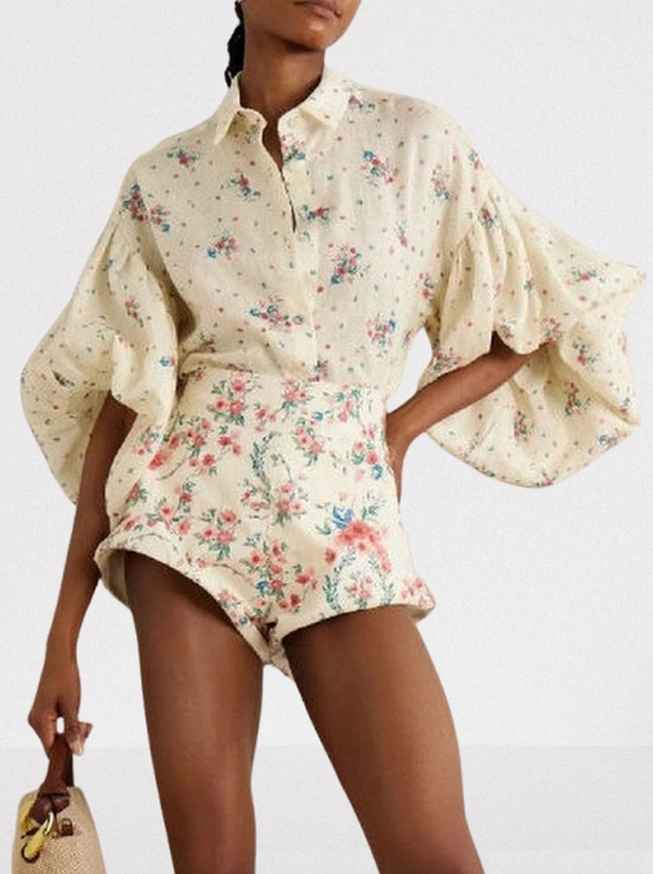 Floral Print Puff-Sleeve Linen Blouse and Short Set - S - Suits & Sets