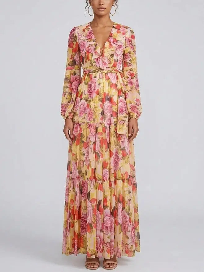 Floral Ruffle V-Neck Chiffon Maxi Dress Floral Ruffle V-Neck Chiffon Maxi Dress