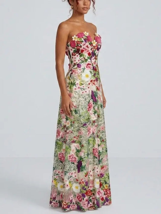 Floral Appliqué Embroidered Strapless Maxi Dress - Dresses