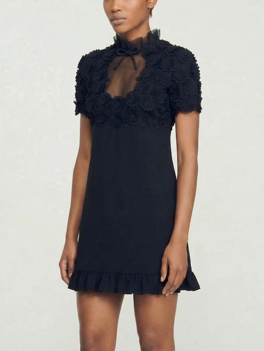 Floral Appliqué Sheer Yoke Mini Dress - Dresses