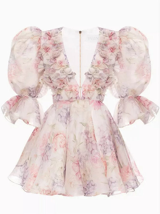 Floral Appliqued and Printed Flared Mini Dress - Dresses