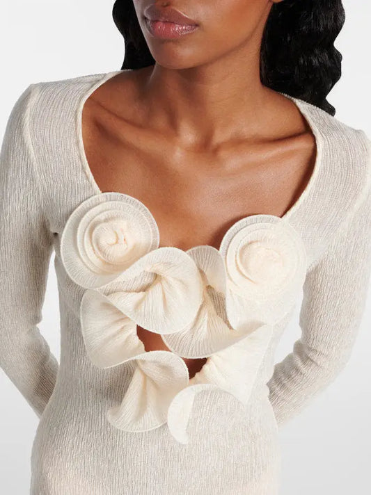 Floral Appliques Crepe Mini Dress - Dresses