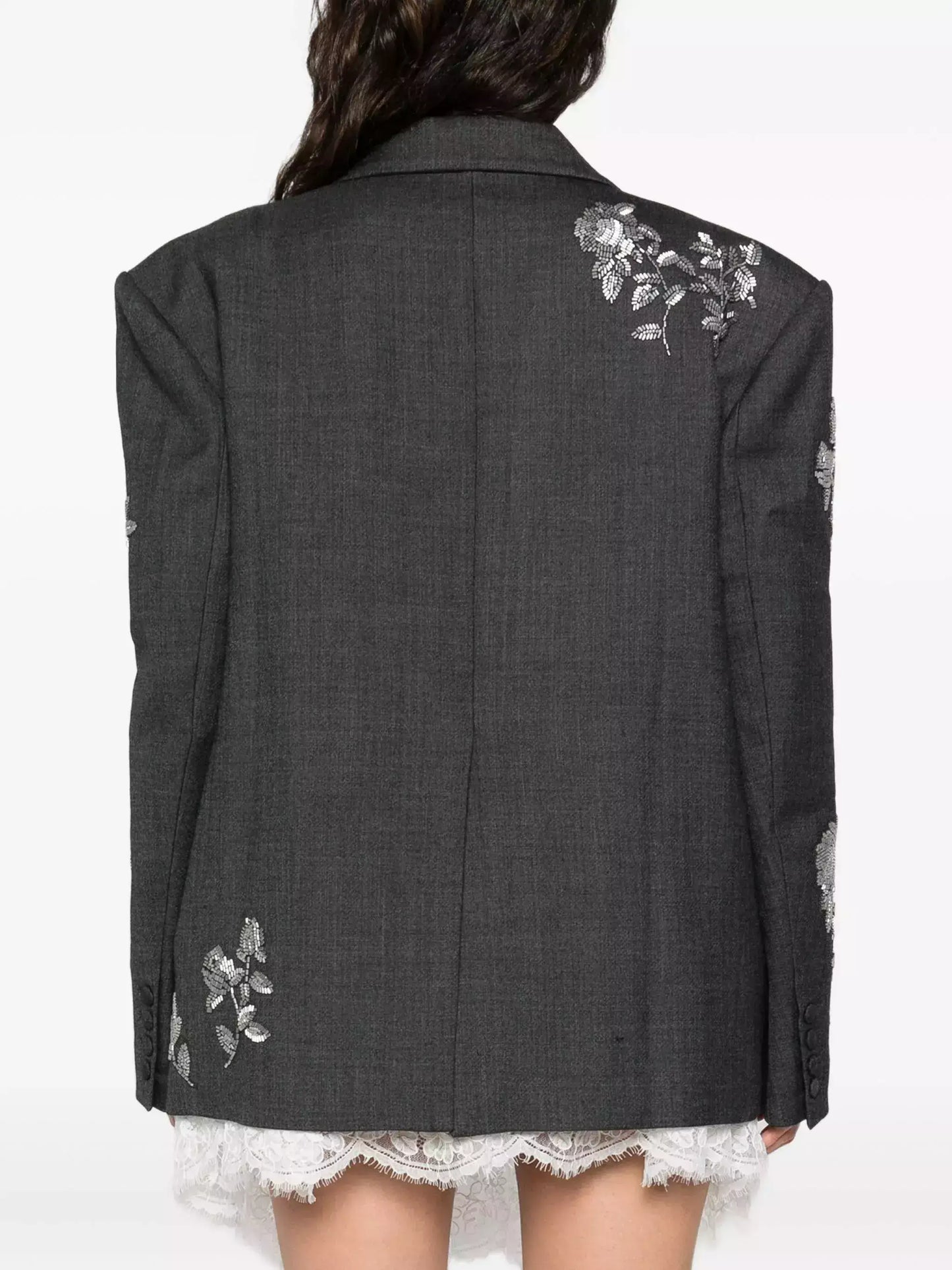 Floral Bead-Embellished Grey Blazer - Jackets