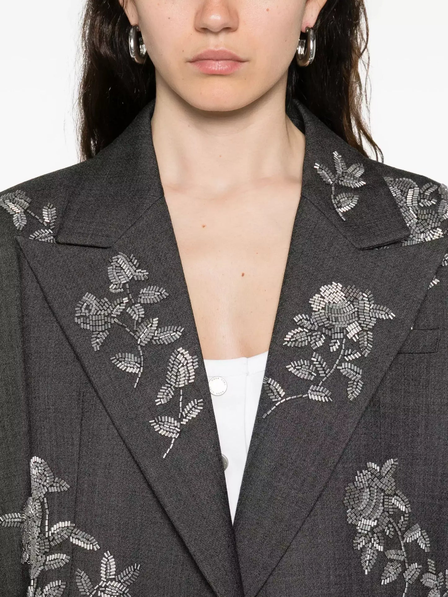 Floral Bead-Embellished Grey Blazer - Jackets