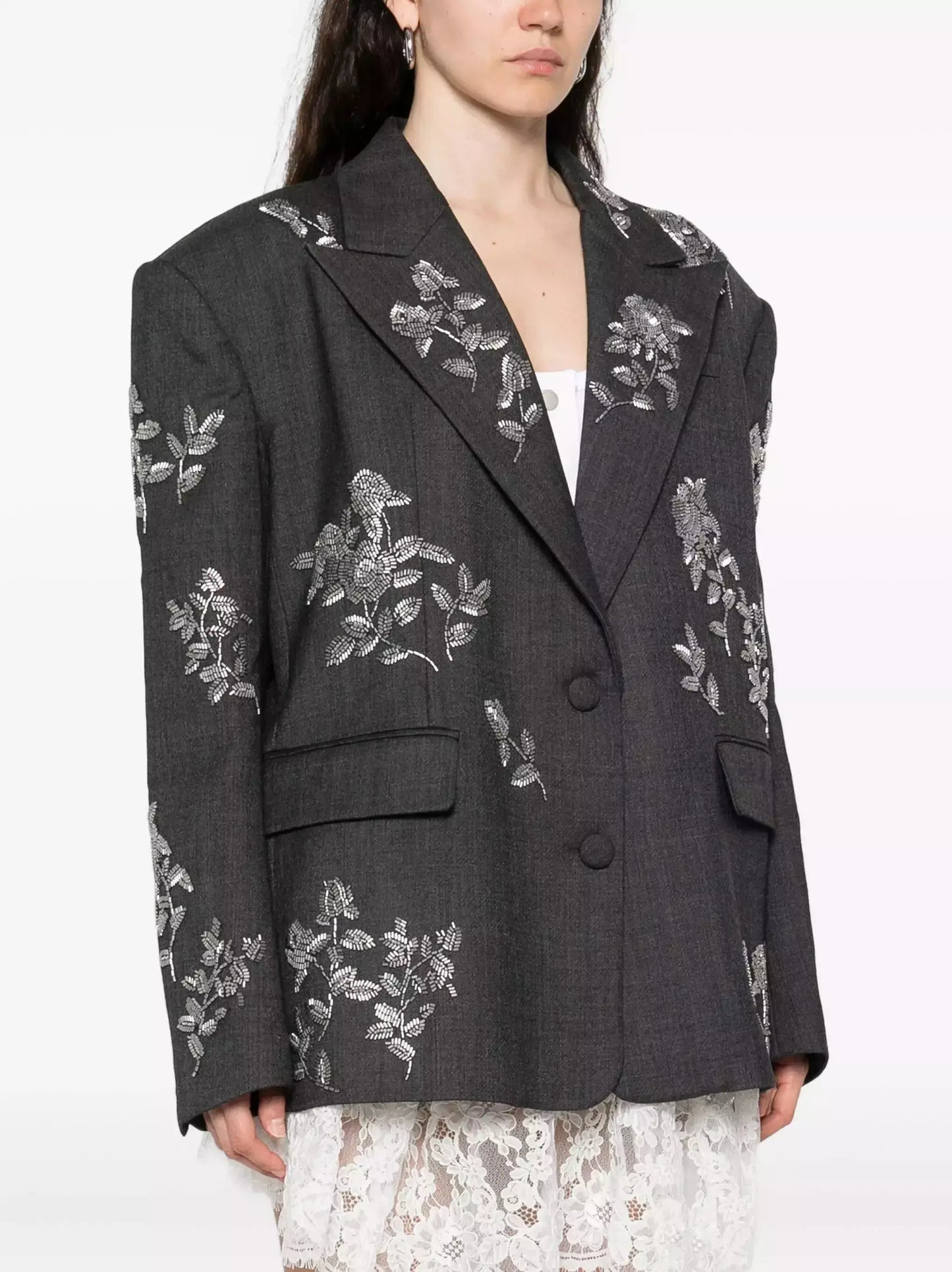 Floral Bead-Embellished Grey Blazer - Jackets