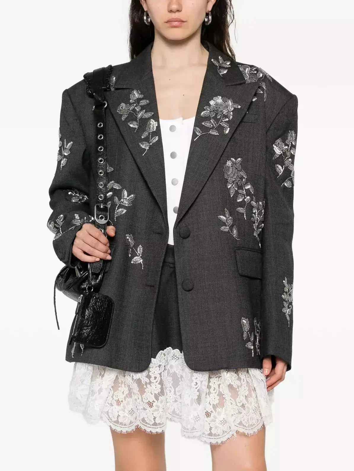 Floral Bead-Embellished Grey Blazer - Jackets