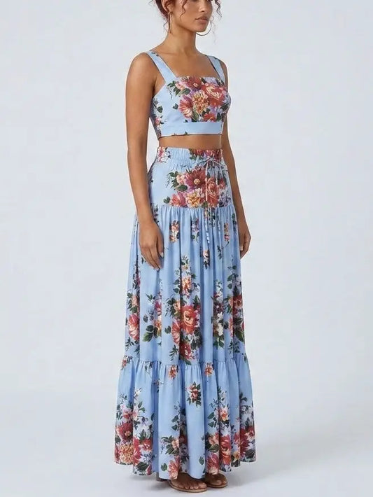 Floral Bouquet Blue Crop Top and Maxi Skirt Set - Suits & Sets