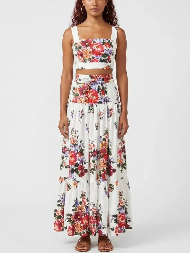 Floral Bouquet Crop Top and Maxi Skirt Set in White - Suits & Sets