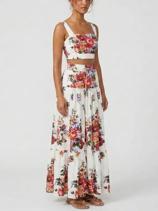 Floral Bouquet Crop Top and Maxi Skirt Set in White - Suits & Sets