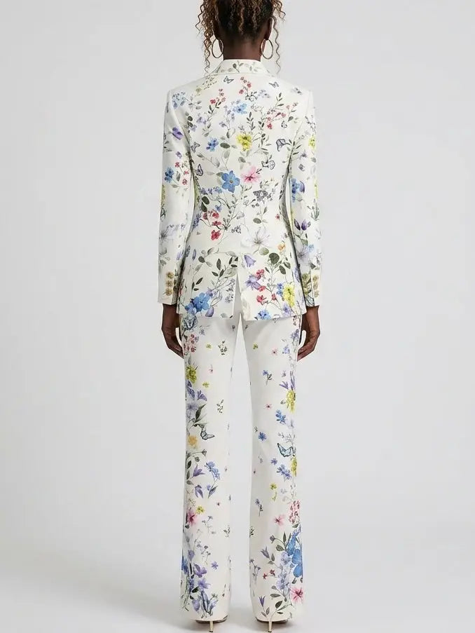 Floral Butterfly Print Blazer and Flared Pants Set - Suits & Sets