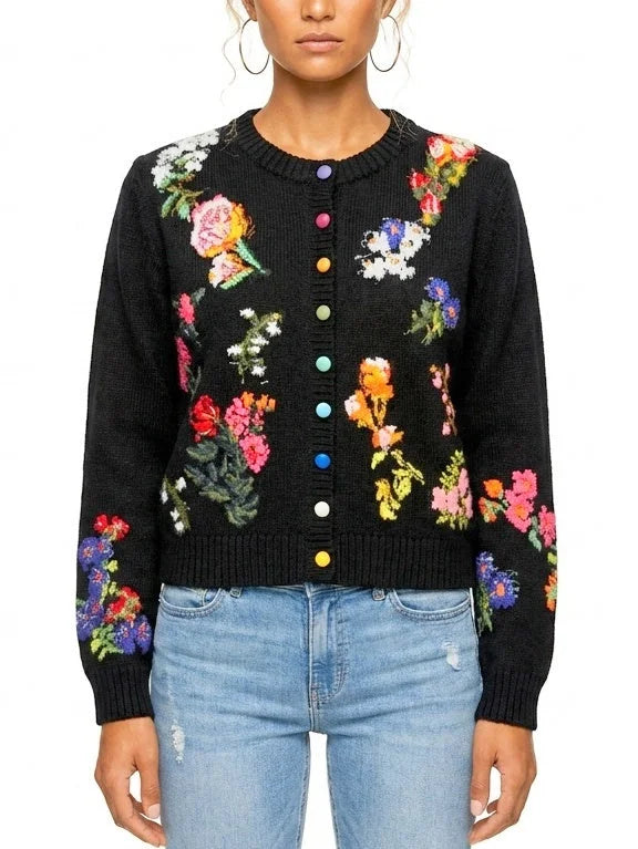 Floral Cashmere Sweater with Multicolored Velvet Buttons - Sweaters & Knitwear