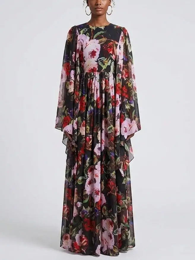 Floral Chiffon Cape Sleeve Maxi Dress - Dresses
