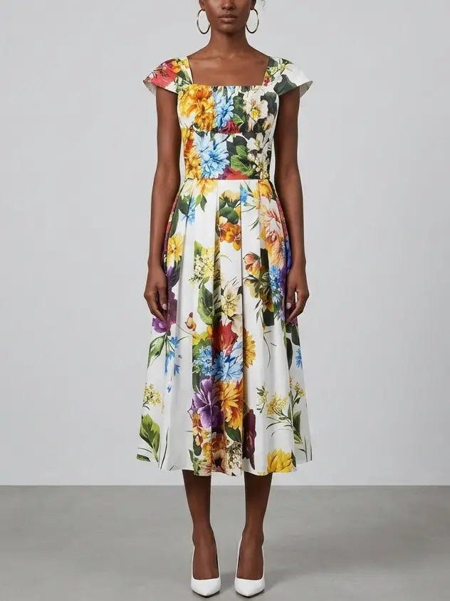 Floral Cotton Midi Dress with Structured Bodice - Dresses