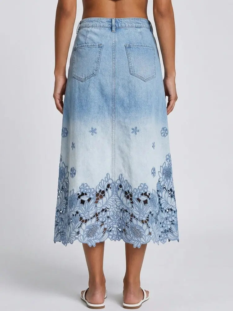 Floral Cutwork Hem Denim Midi Skirt - Skirts