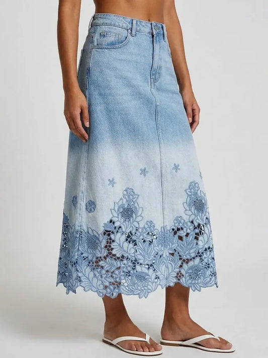 Floral Cutwork Hem Denim Midi Skirt - Skirts