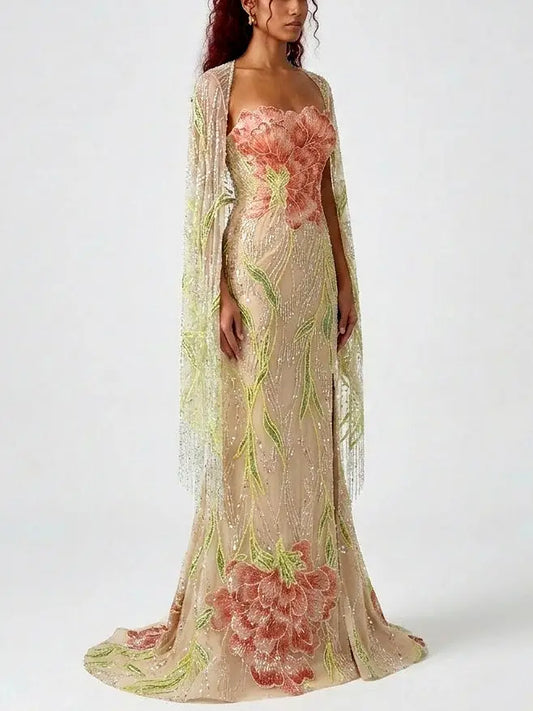 Floral Embellished Strapless Evening Gown with Cape - Dresses