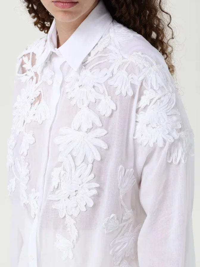 Floral Embroidered White Cotton Shirt - Tops