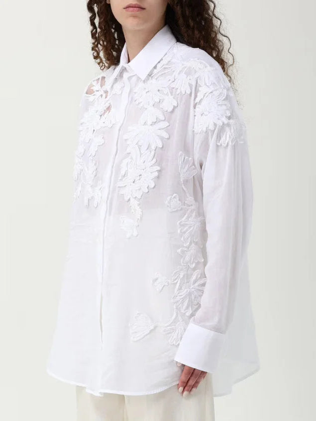 Floral Embroidered White Cotton Shirt - Tops