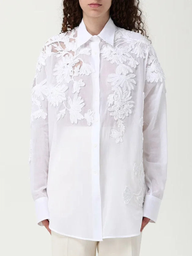 Floral Embroidered White Cotton Shirt - Tops