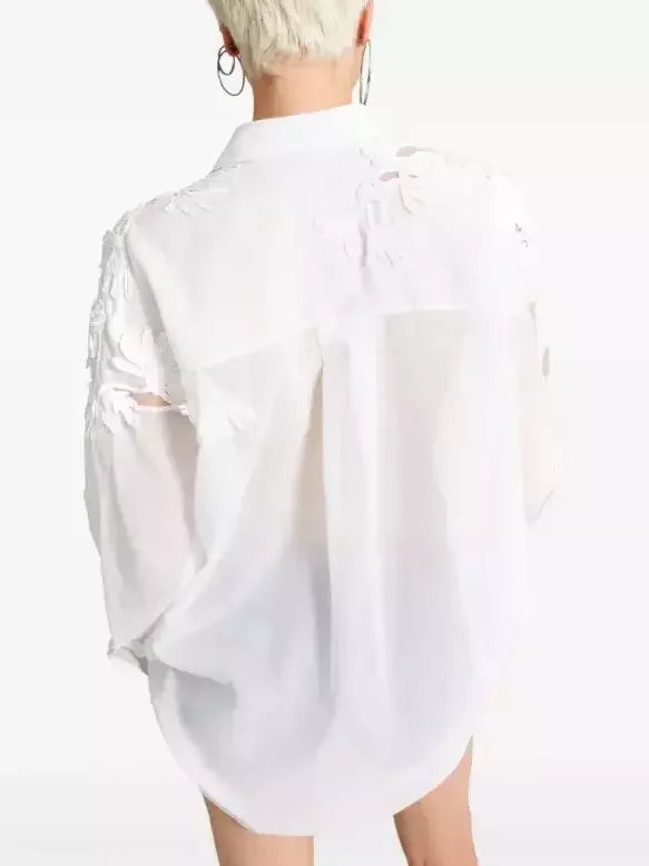 Floral Embroidered White Cotton Shirt - Tops
