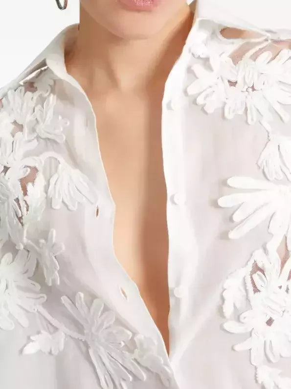 Floral Embroidered White Cotton Shirt - Tops