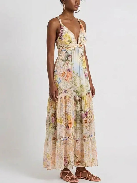 Floral Gathered Silk Plunge Maxi Dress - Dresses