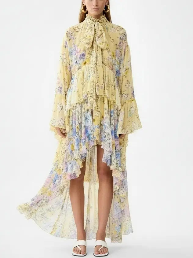 Floral High-Low Tiered Silk Dress in Yellow - Dresses