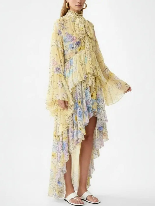 Floral High-Low Tiered Silk Dress in Yellow - Dresses