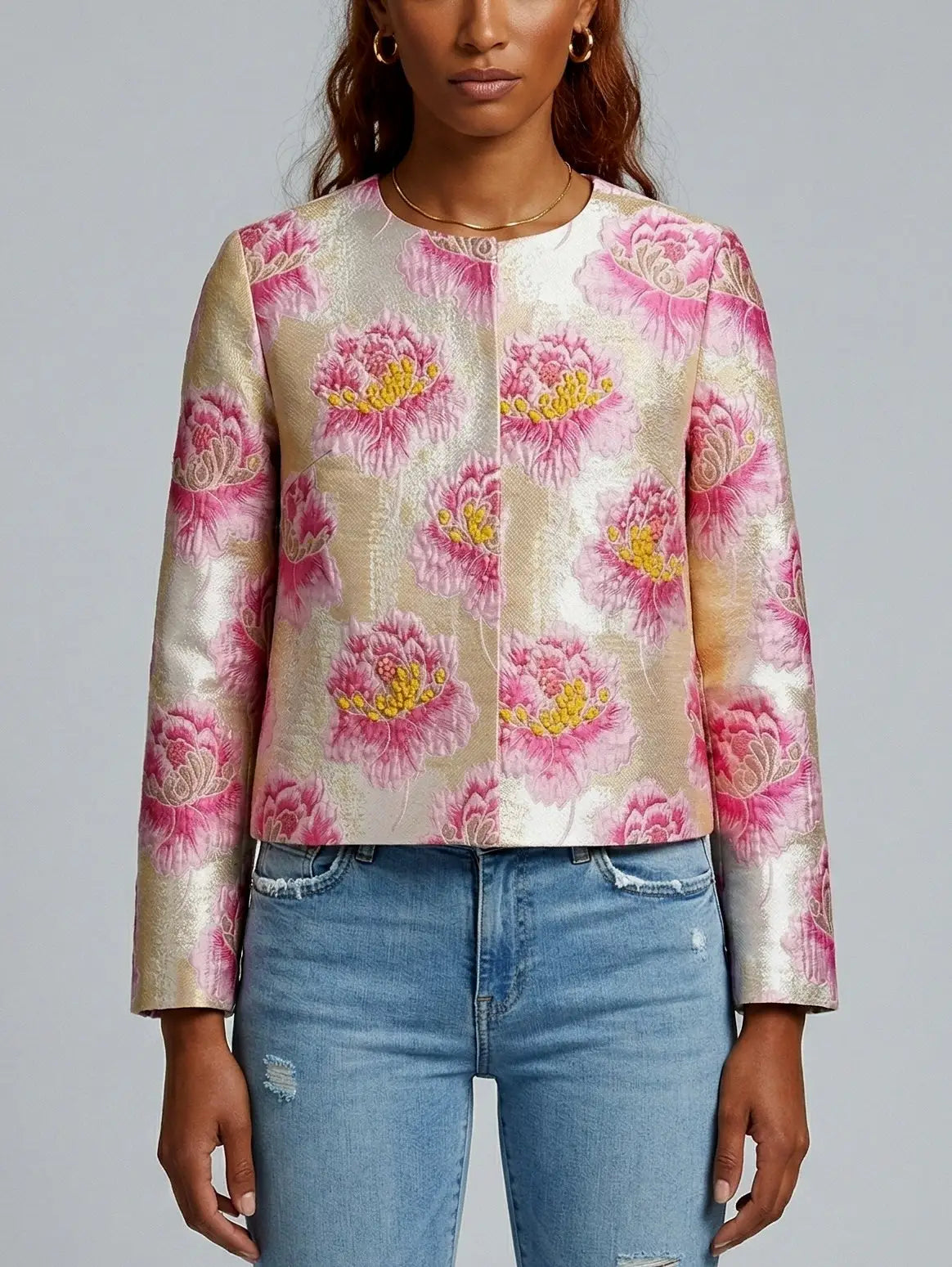 Floral Jacquard Cropped Jacket in Pink and Gold - Jackets