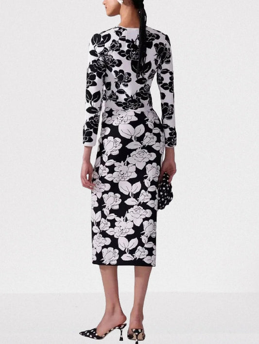 Floral Jacquard Knit Cardigan and Skirt Set - Suits & Sets