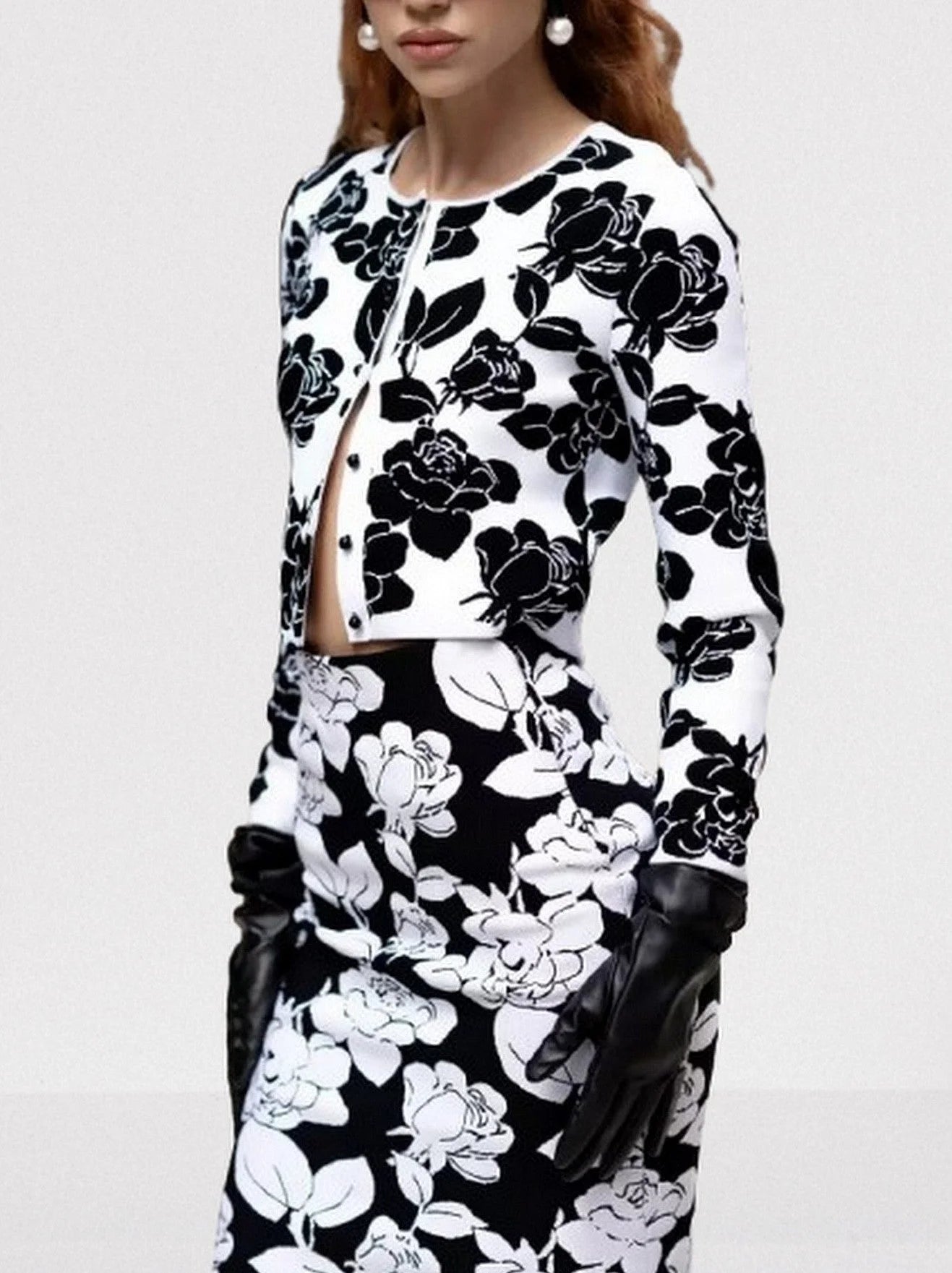 Floral Jacquard Knit Cardigan and Skirt Set - Suits & Sets