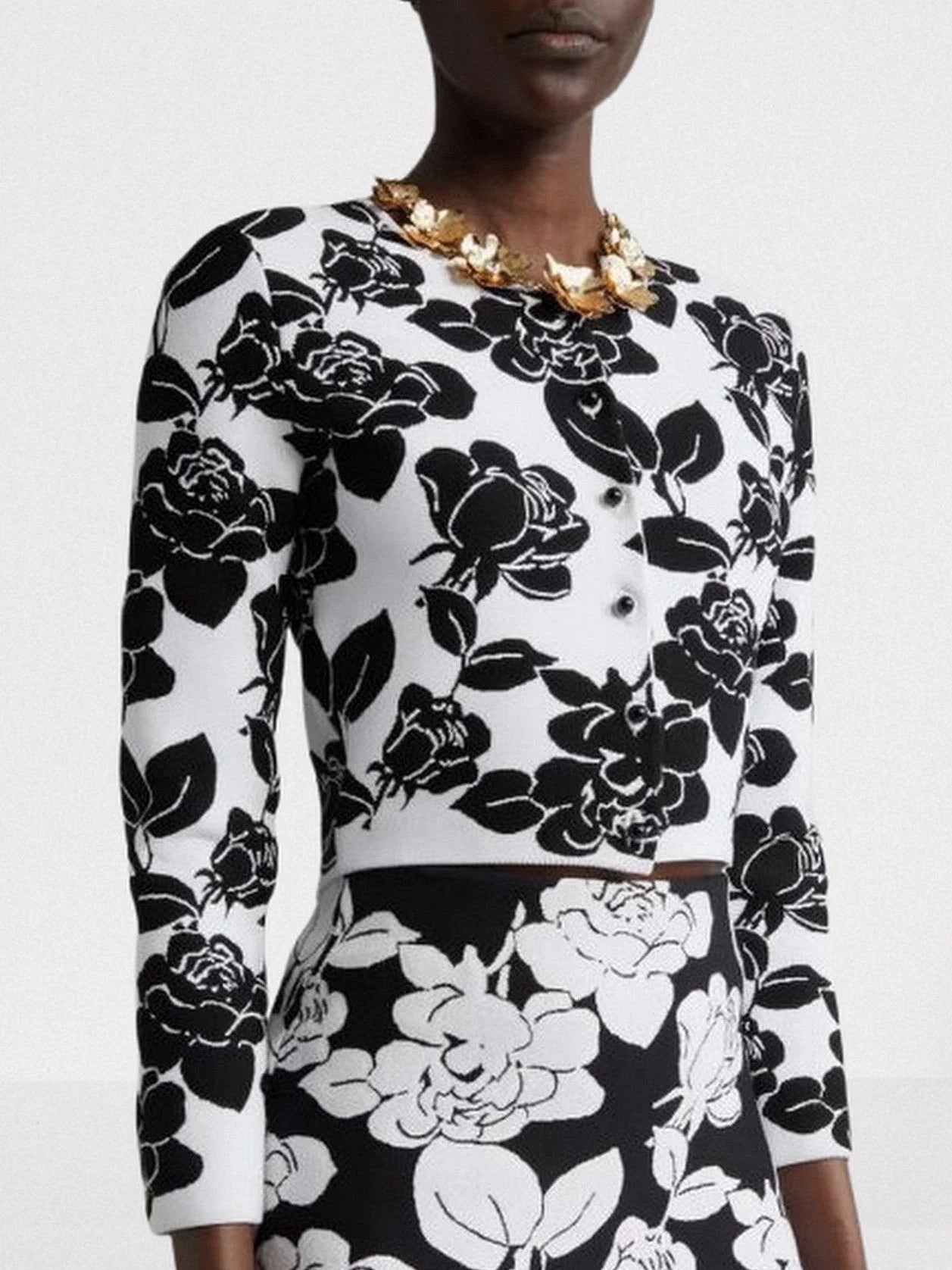 Floral Jacquard Knit Cardigan and Skirt Set - Suits & Sets